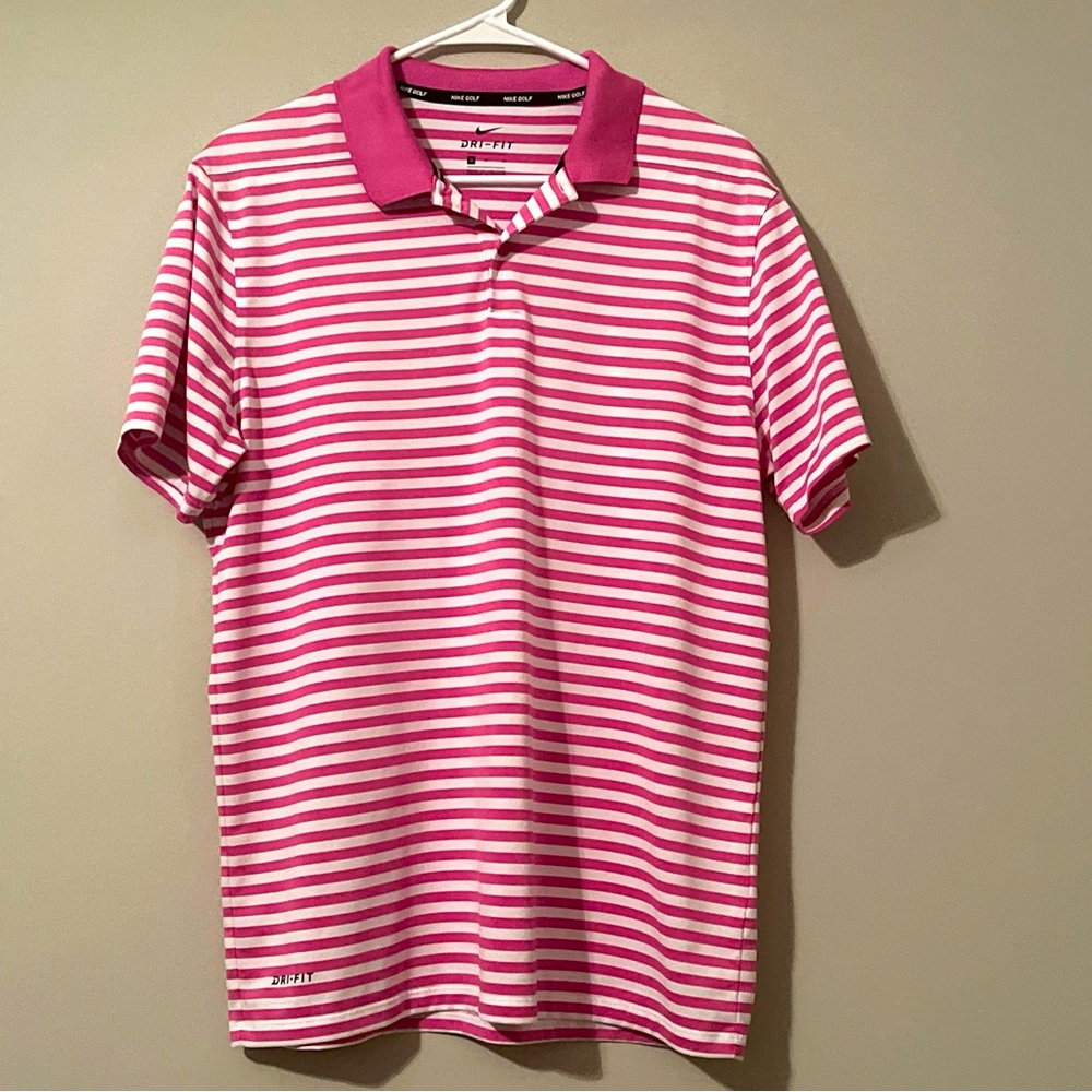 Nike Golf Dri-Fit Short Sleeve Performance Polo Shirt Pink/White Stripe Men's M